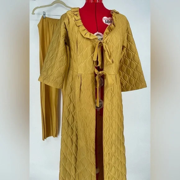 Vintage Gold Quilted Lounge Set Maxi Bed Jacket & Slinky Pants - Picture 14 of 17